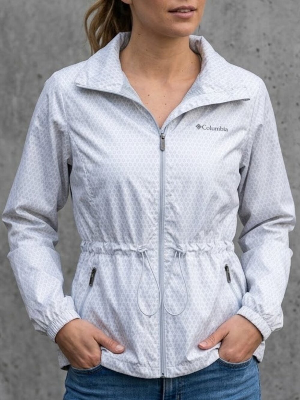 Columbia Hooded Cinched Waist Silver Gray Print Windbreaker Jacket Women's M